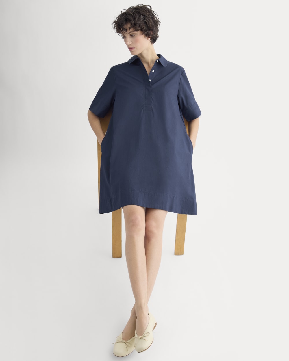 Popover Mini Shirtrdress in Ultrasoft Cotton in Navy — detail view