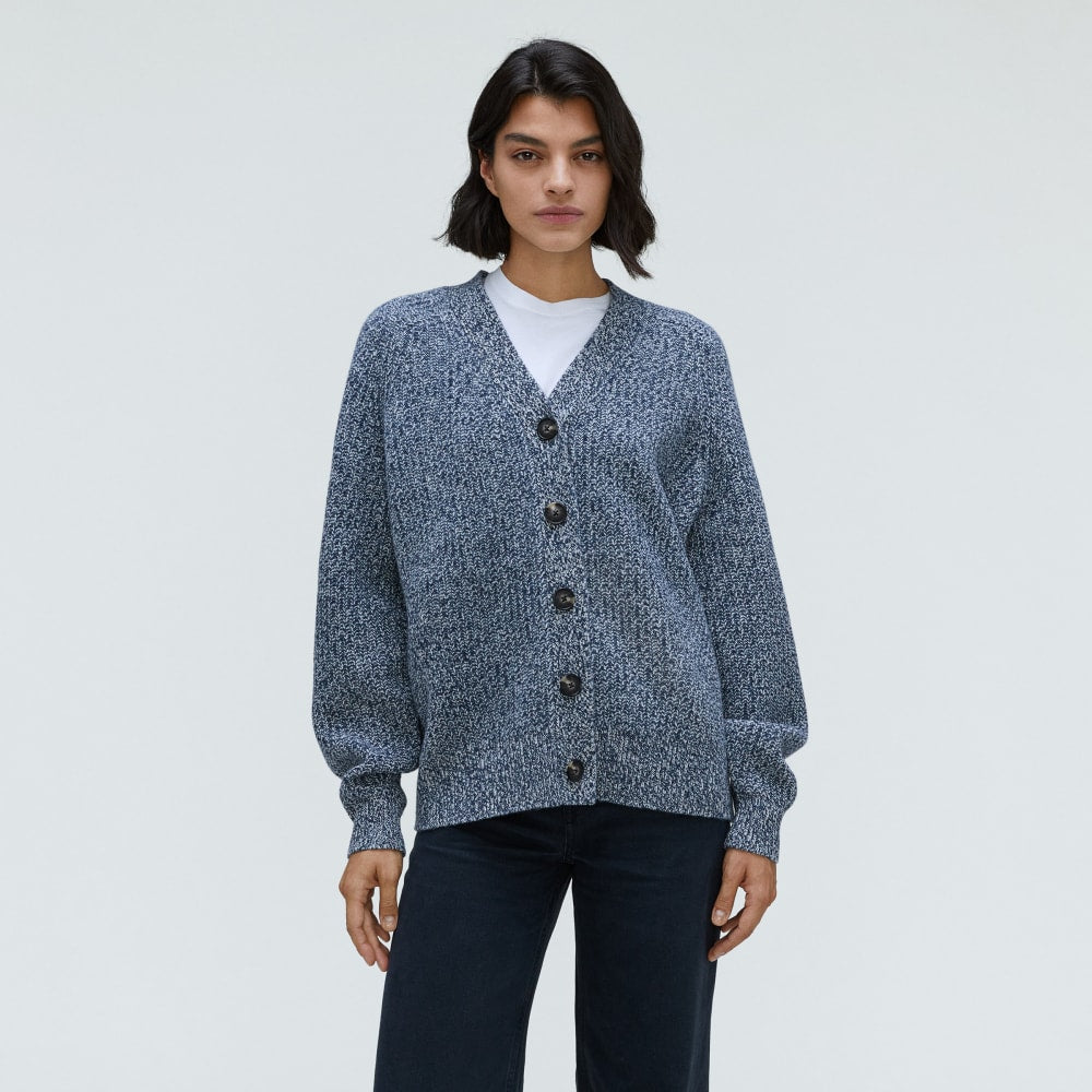 The Felted Merino Cardigan in Dark Mallard / Oat Twist — front view