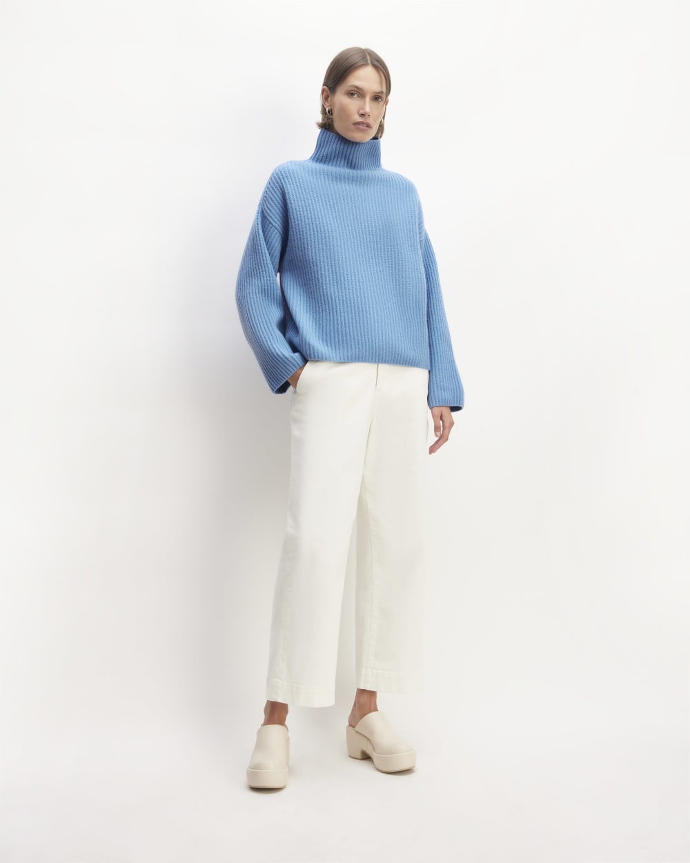 The Felted Merino Funnel-Neck Pullover in Heritage Blue — detail view