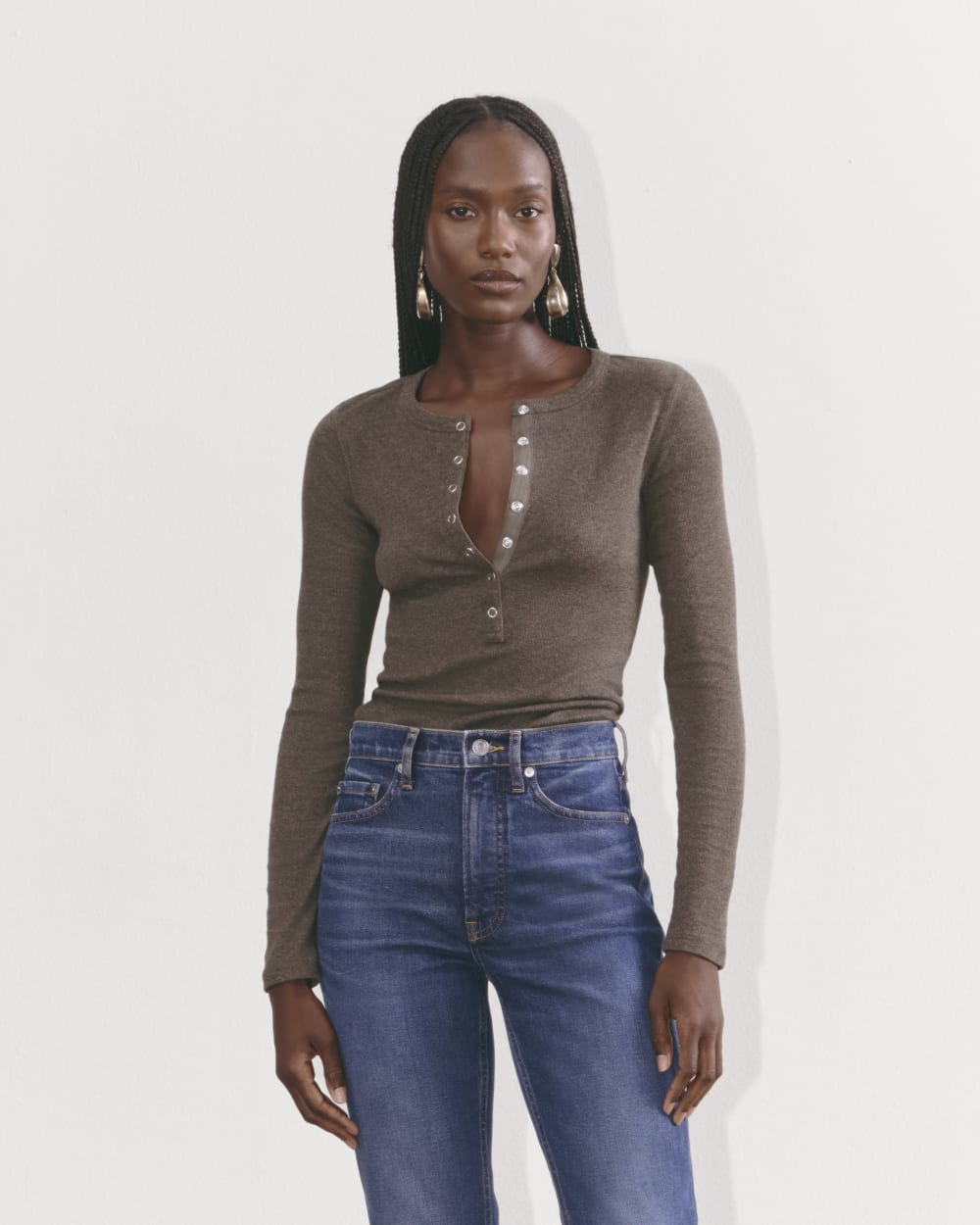The Luxe Rib Henley in Heathered Fatigue — front view