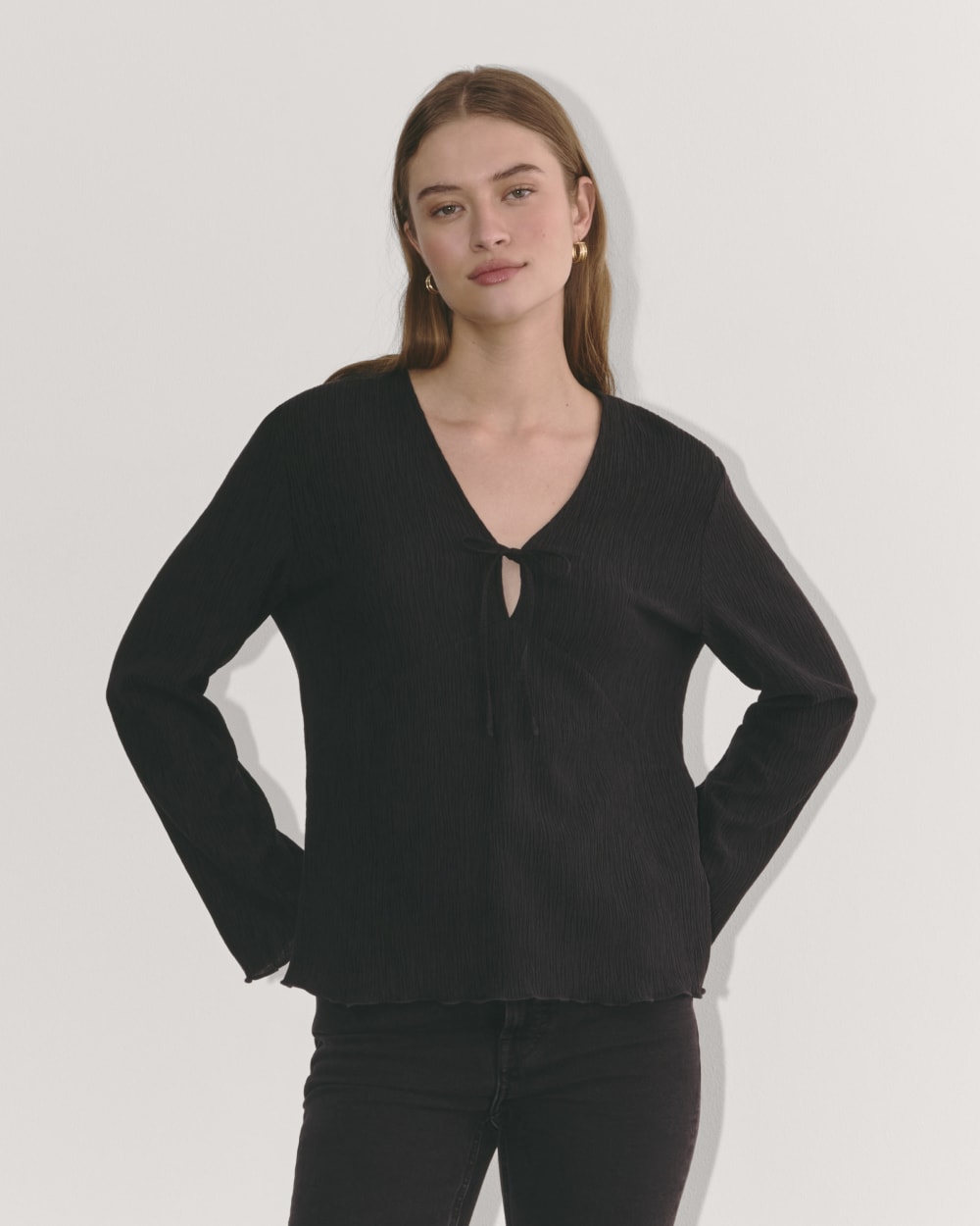 The Crinkle Long-Sleeve in Black — front view