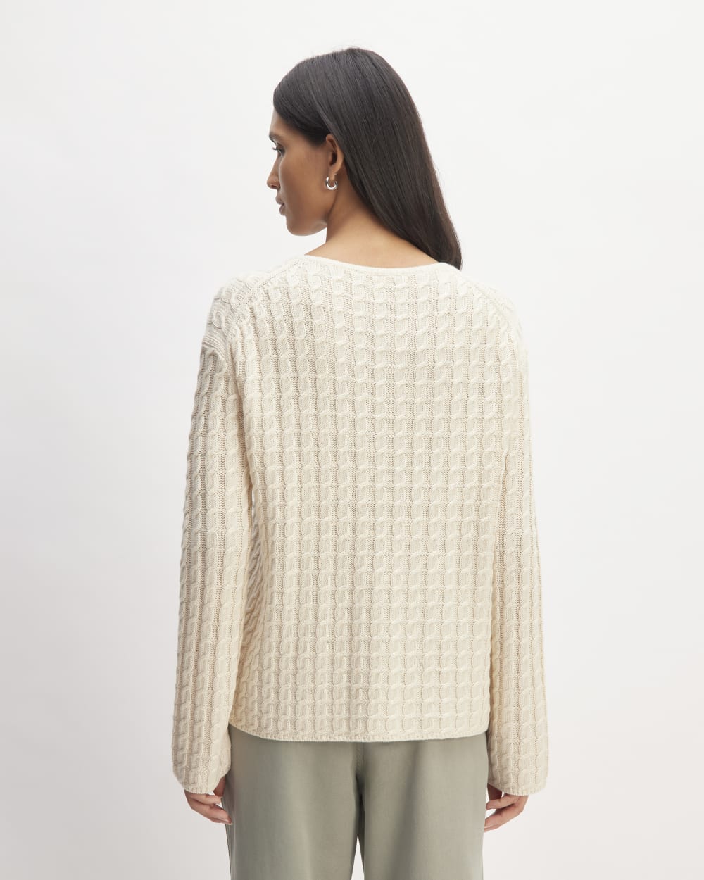 The Cotton Merino Cable Crew in Canvas — detail view