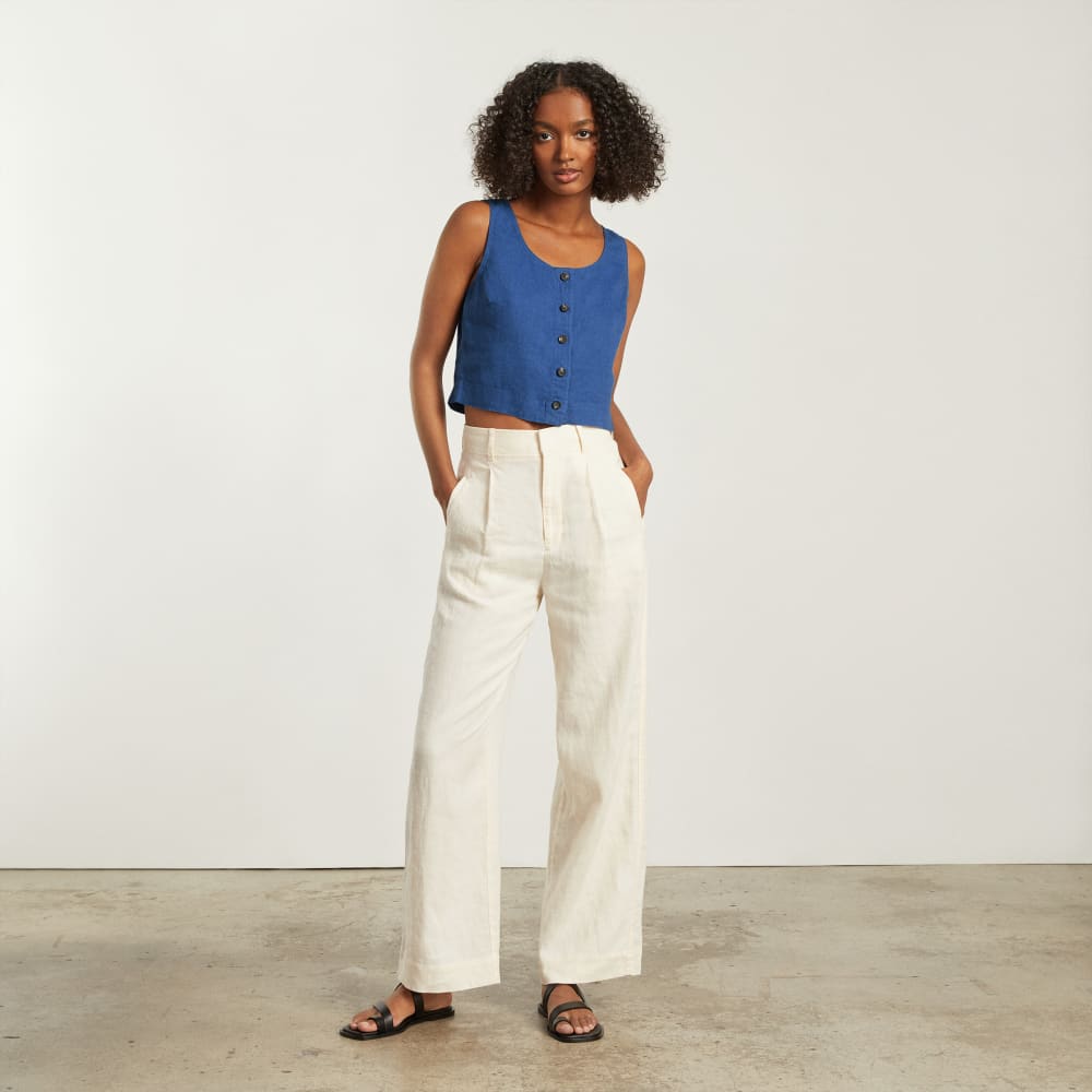 The Linen Button-Front Crop Tank in Deep Blue — detail view