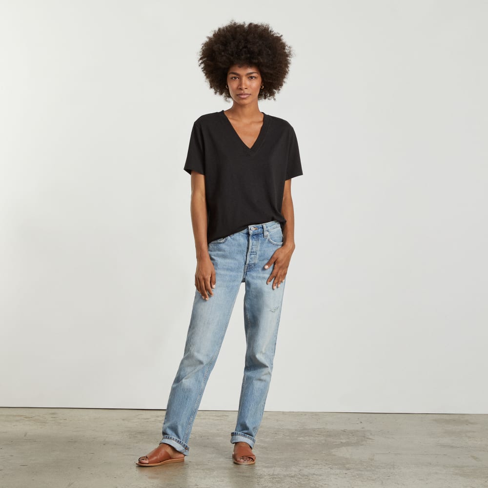 The Vintage V-Neck Hemp Tee in Black — detail view