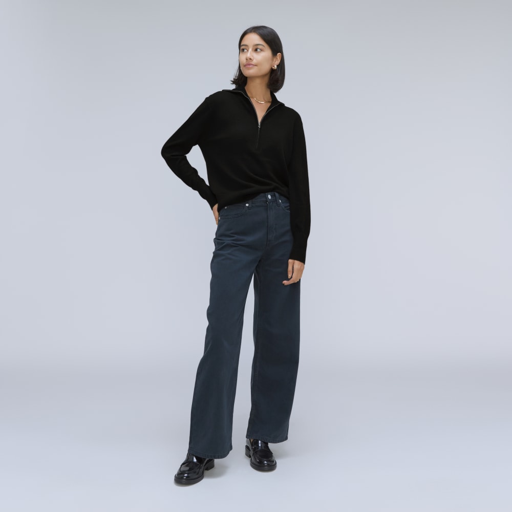 The Luxe Merino Half-Zip Sweater in Black — detail view