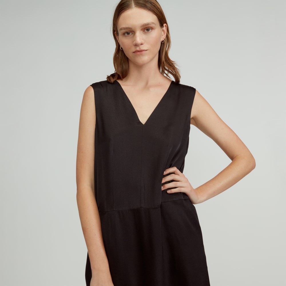 The Satin V-Neck Maxi Dress in Black — detail view