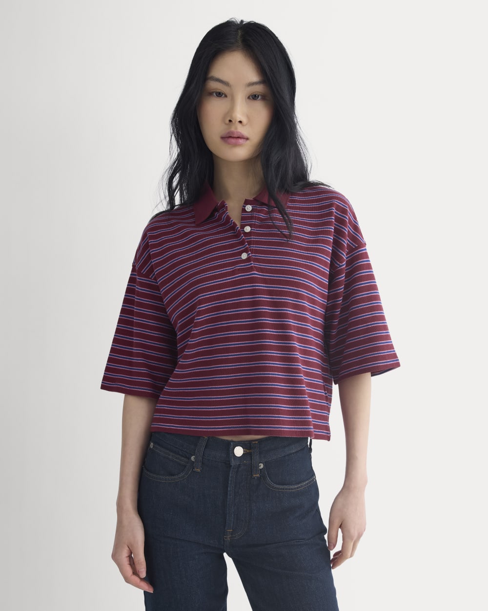 Pique Boxy Polo in Pomegranate/Heather Rose/Estate Blue — detail view