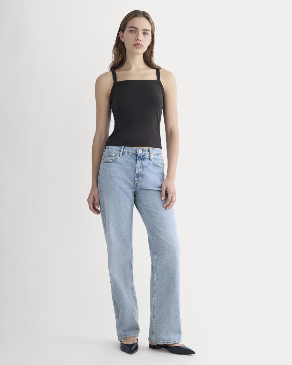 The Essential Square-Neck Tank in Black — detail view