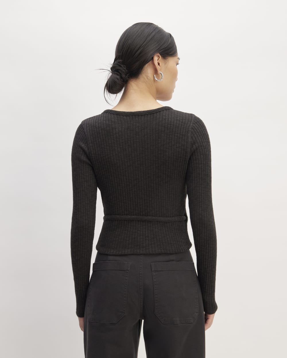 The Cozy Rib Wrap Top in Black — detail view