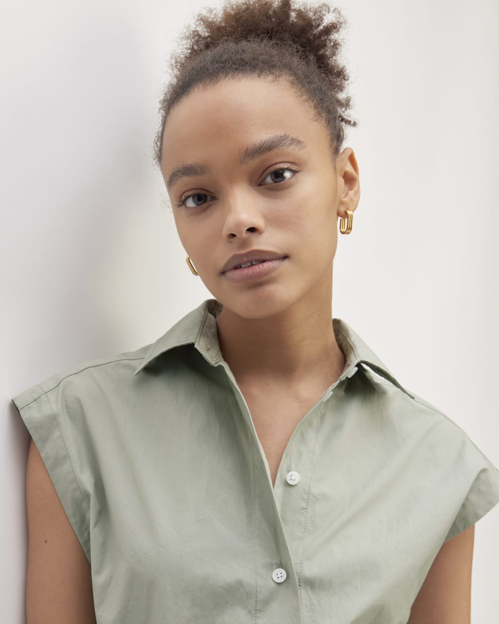 The Supima® Cotton Short-Sleeve Shirt Dress in Sage Green — detail view