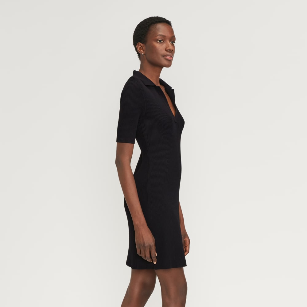 The Ribbed Short-Sleeve Polo Dress in Black — detail view