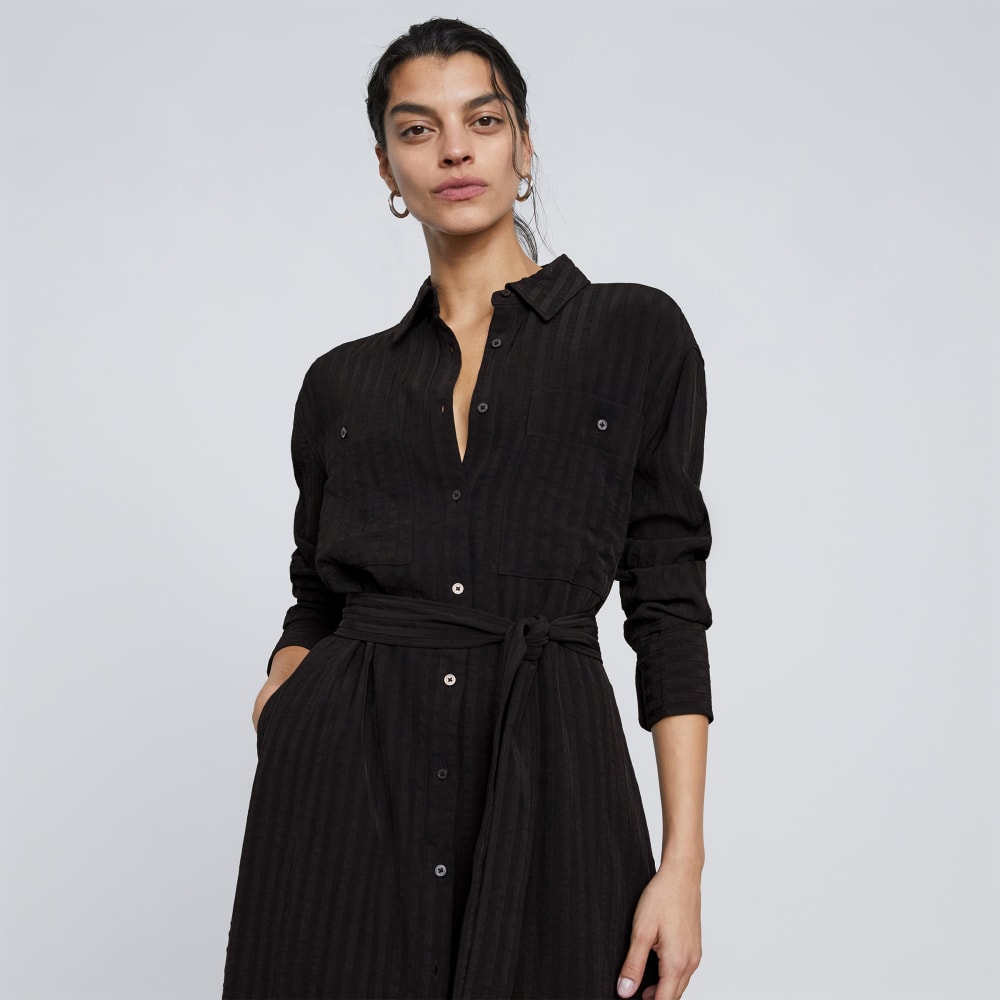 The City Stripe Draped Shirt Dress in Black — detail view
