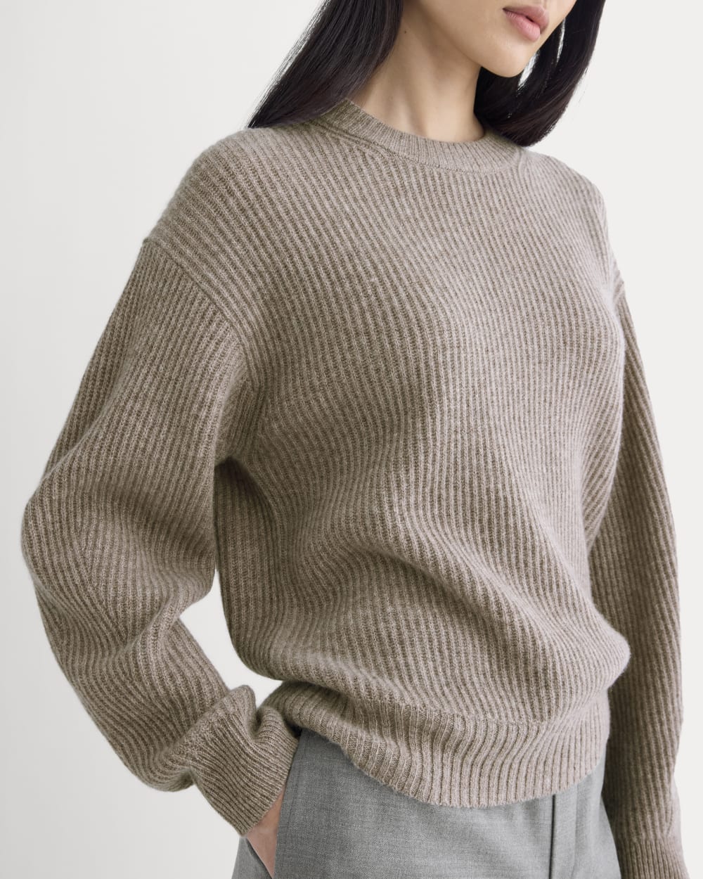 The Cocoon Crew in Wool Cashmere in Light Heathered Taupe — detail view