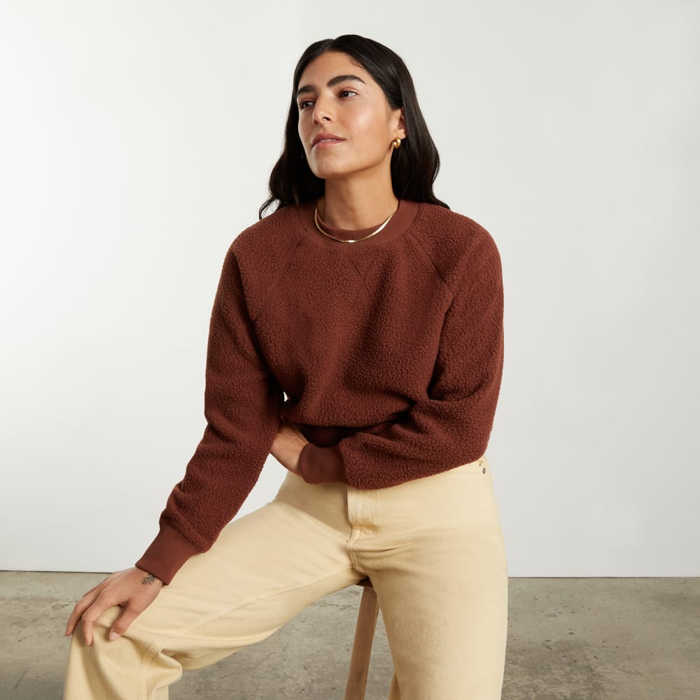 The ReNew Fleece Raglan Sweatshirt in Rosewood — detail view