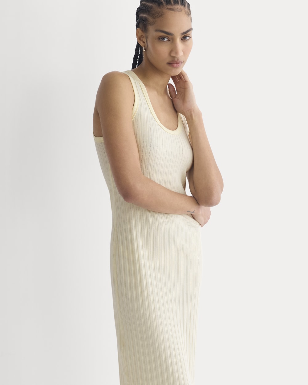 Scoop-Neck Midi Dress in Pointelle Knit in Lemon Icing — detail view