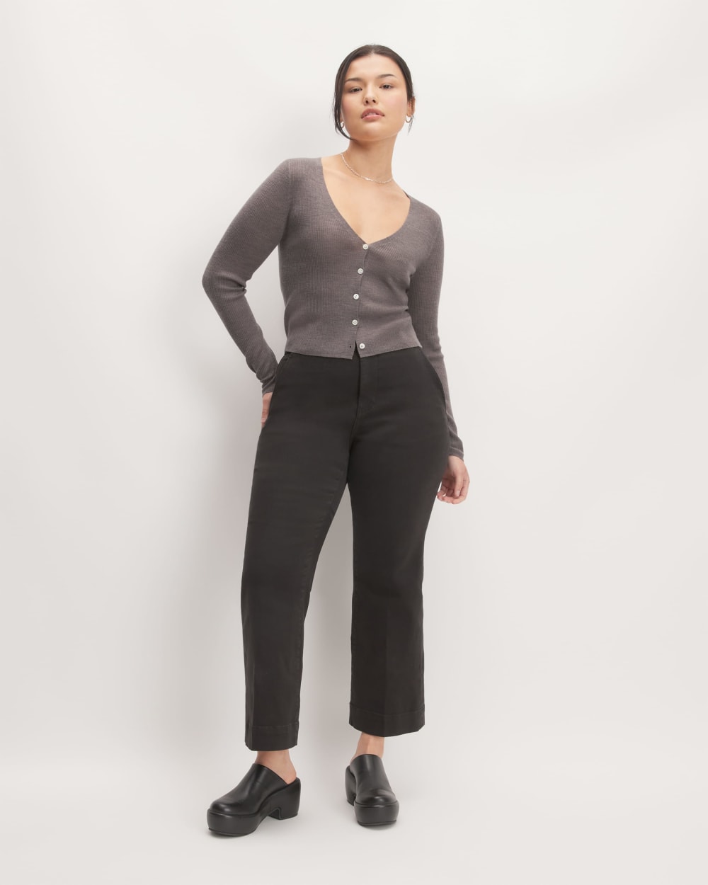 The Cardigan in Ultrasoft Merino in Heather Cocoa — detail view