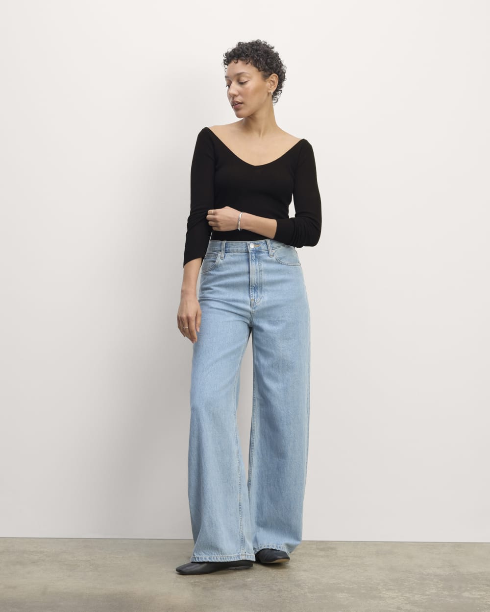 The Off-Shoulder Top in Ultrasoft Merino in Black — detail view