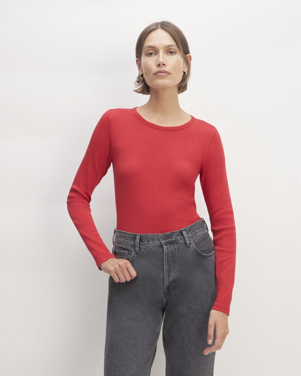 The Luxe Rib Long-Sleeve Crew in Haute Red — front view