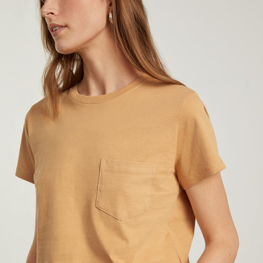 The Box-Cut Tee in Essential Cotton in Iced Coffee — detail view