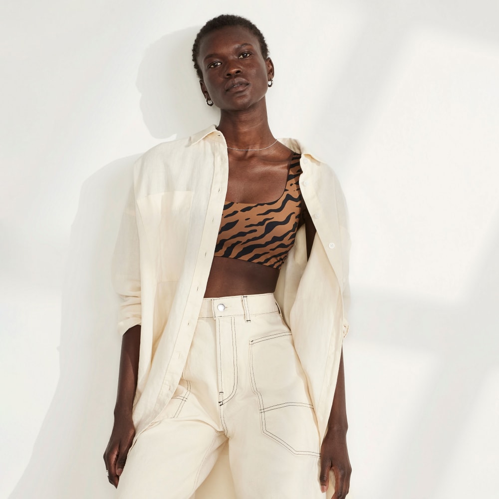 The Square-Neck Bikini Top in Tiger Stripe Toasted Coconut — detail view