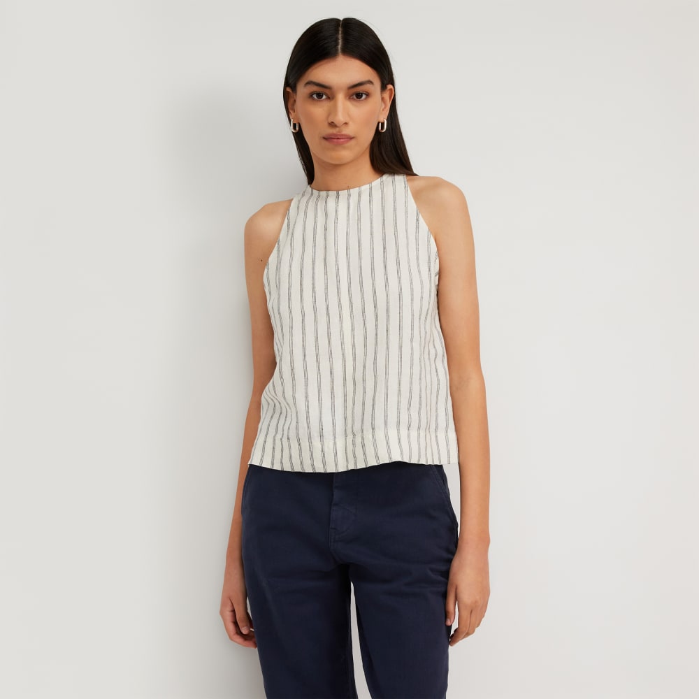 The Linen High-Neck Tank in Black / Canvas Tan — front view