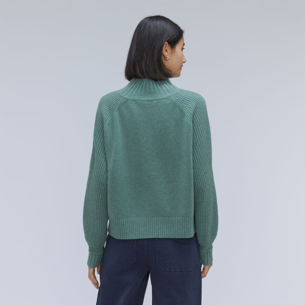 The Cashmere Ribbed Turtleneck in Heathered Dusty Aqua — detail view