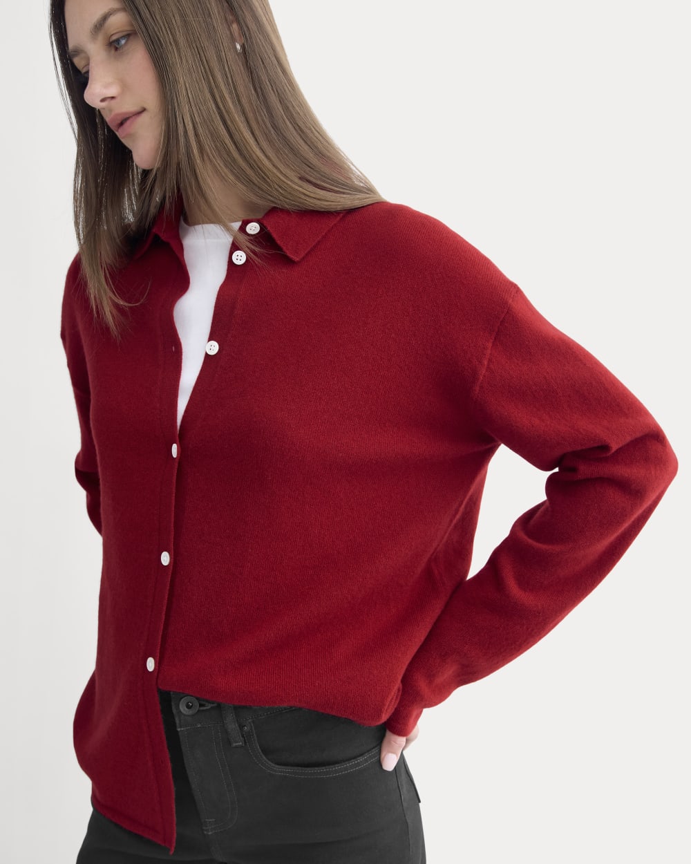 Cashmere Button-Up Shirt in Berry Red — detail view