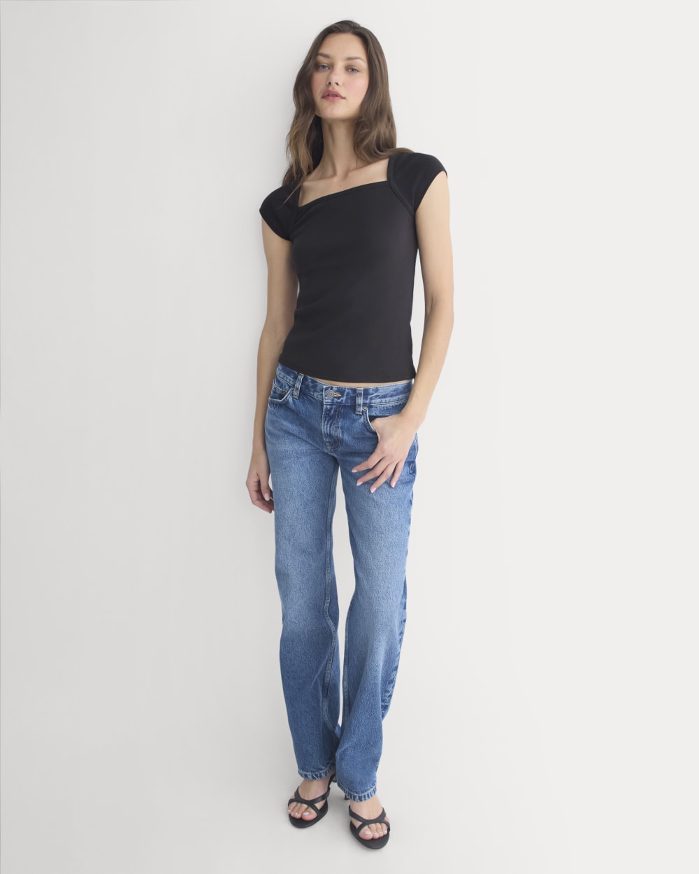 RetroSoft Cotton Square-Neck Tee in Black — detail view