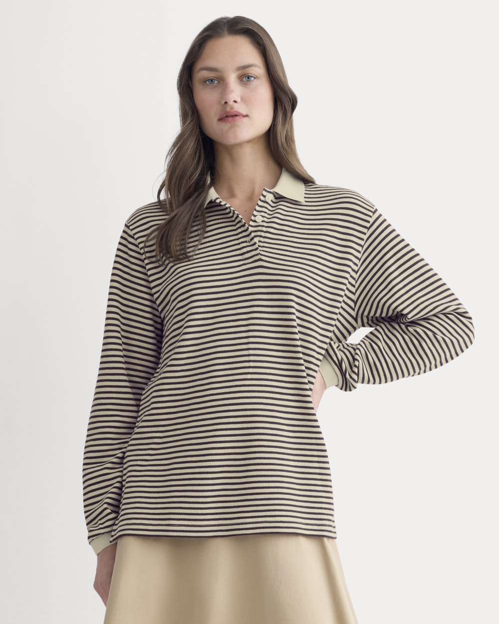 Oversized Pique Polo in Dusty Beige/Deep Plum Stripe — front view