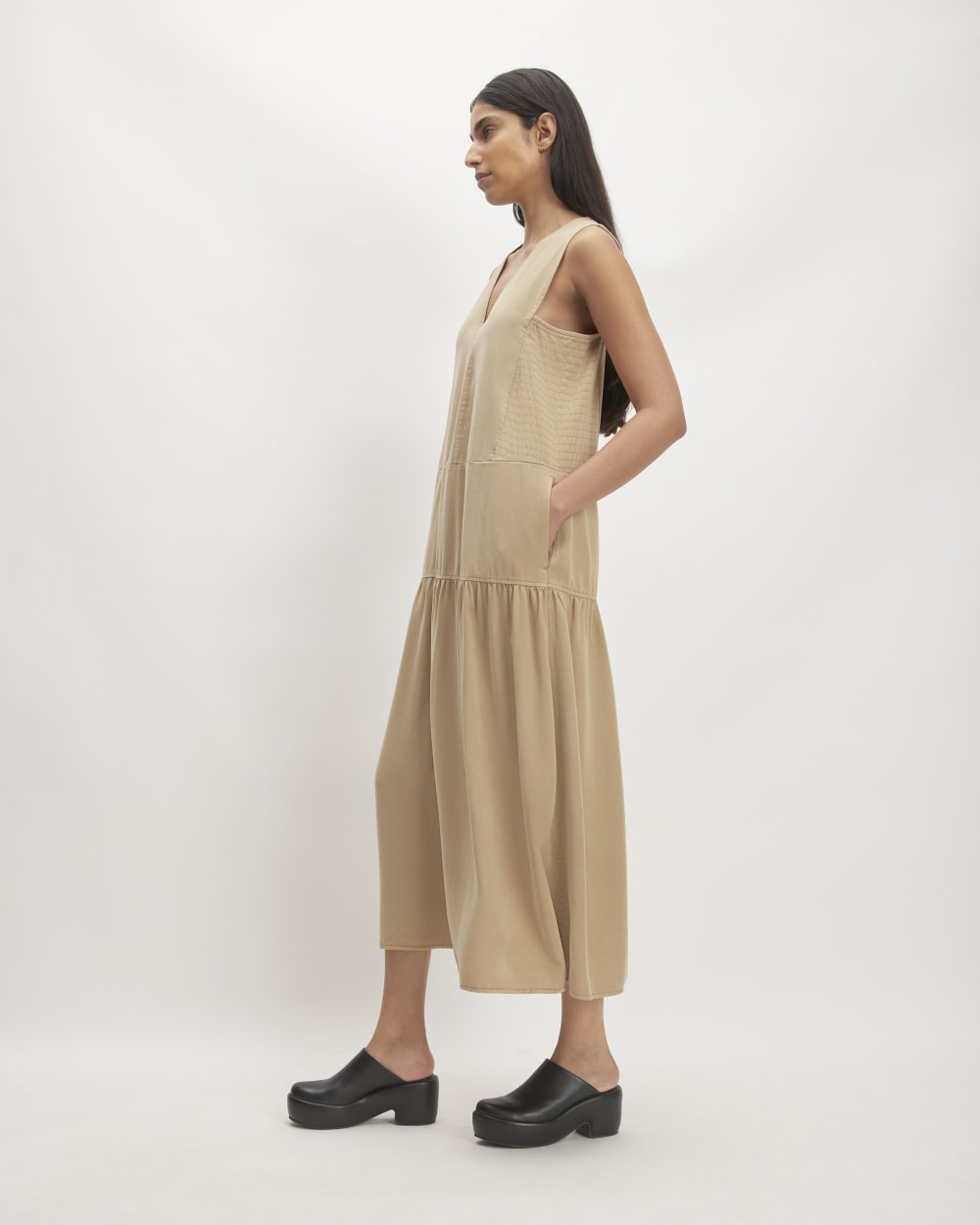 The TENCEL™ V-Neck Dress in Cornstalk — detail view
