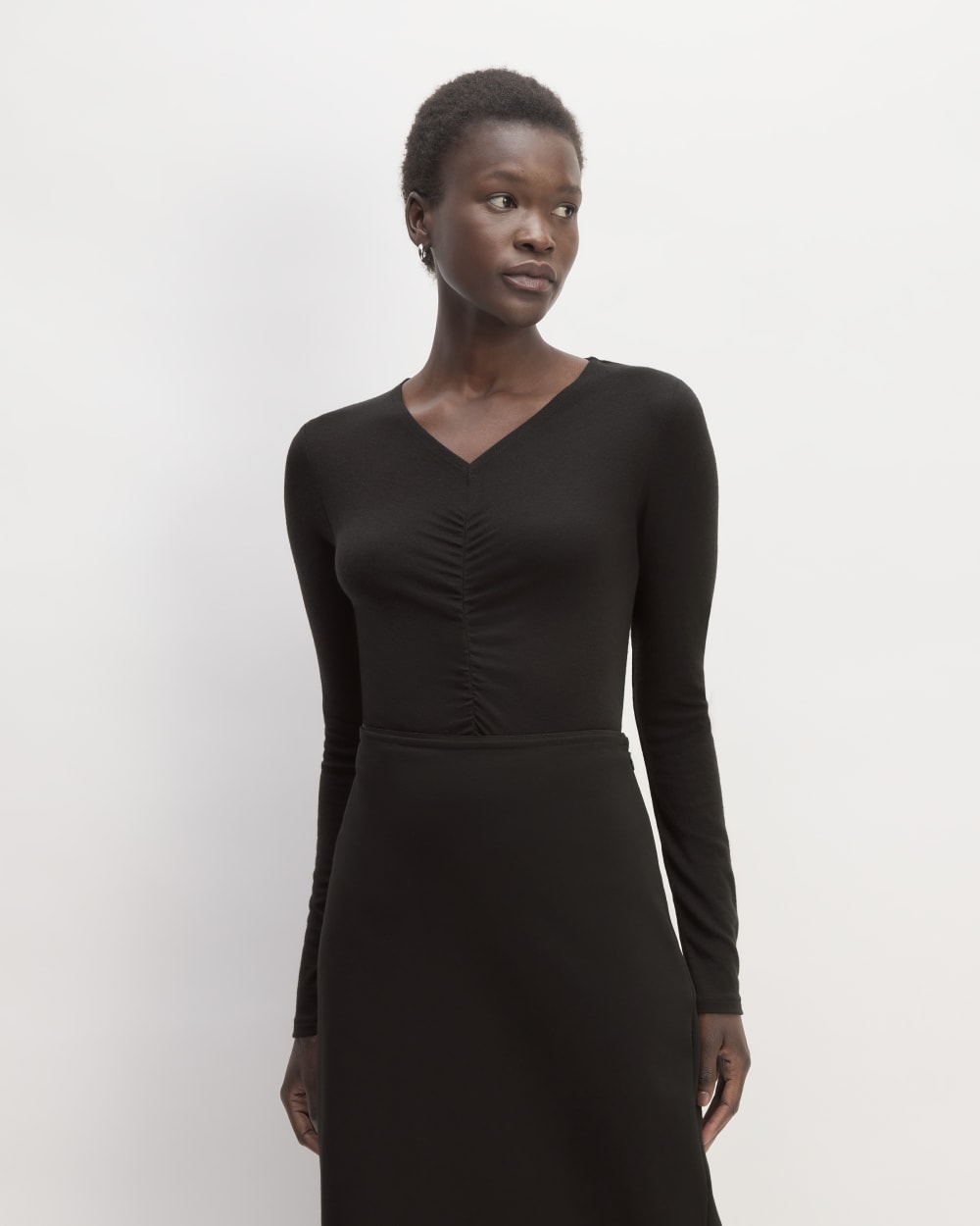The Ruched V-Neck Tee in Butterluxe in Black — front view