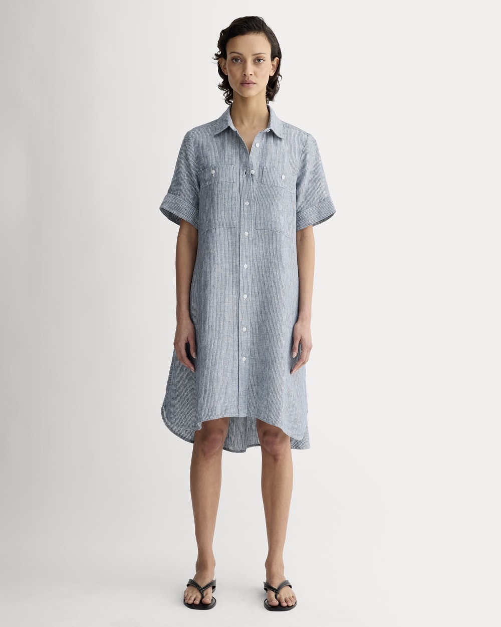 The Daytripper Dress in Linen in White / Blue — front view