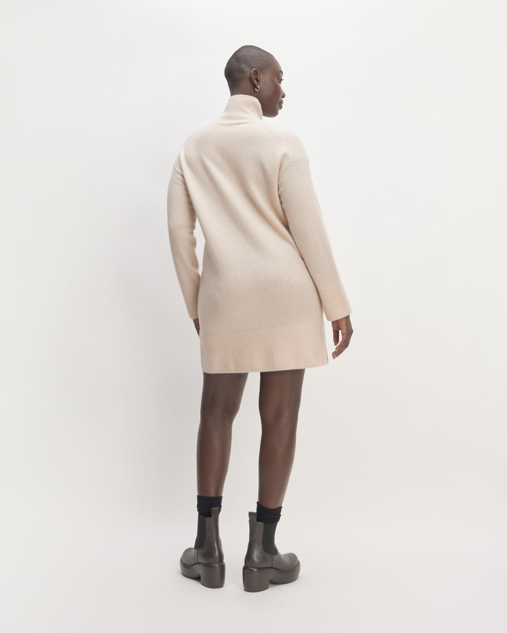 The Cozy Stretch Turtleneck Dress in Whisper Pink — detail view