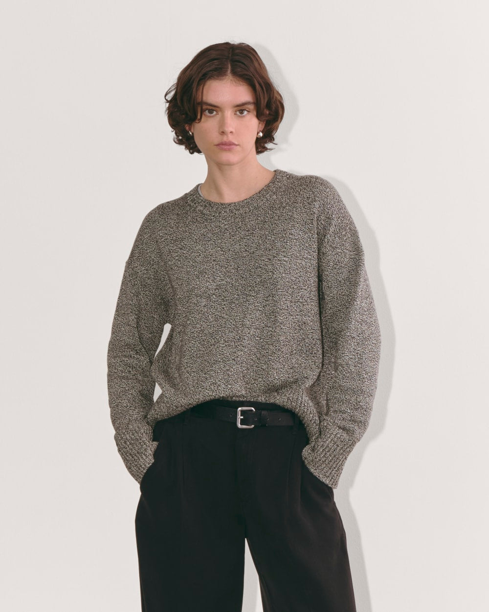 The Boxy Sweater in Everyday Cotton in Canvas / Black Twist — front view