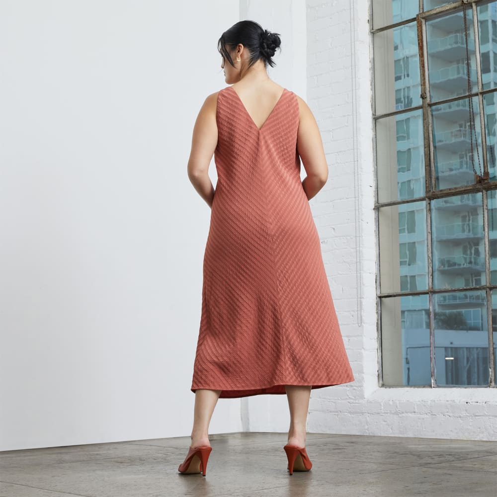 The City Stripe Midi Dress in Redwood — detail view