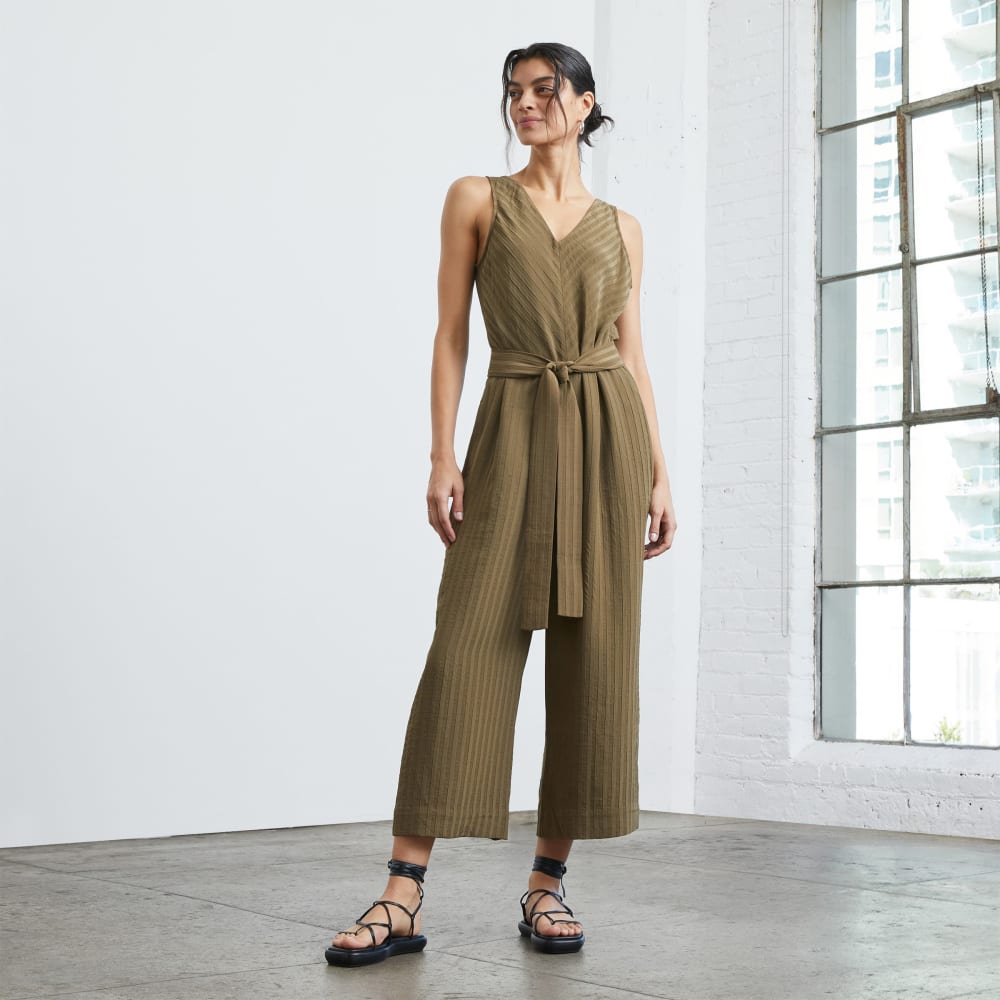The City Stripe Draped Jumpsuit in Beech — front view
