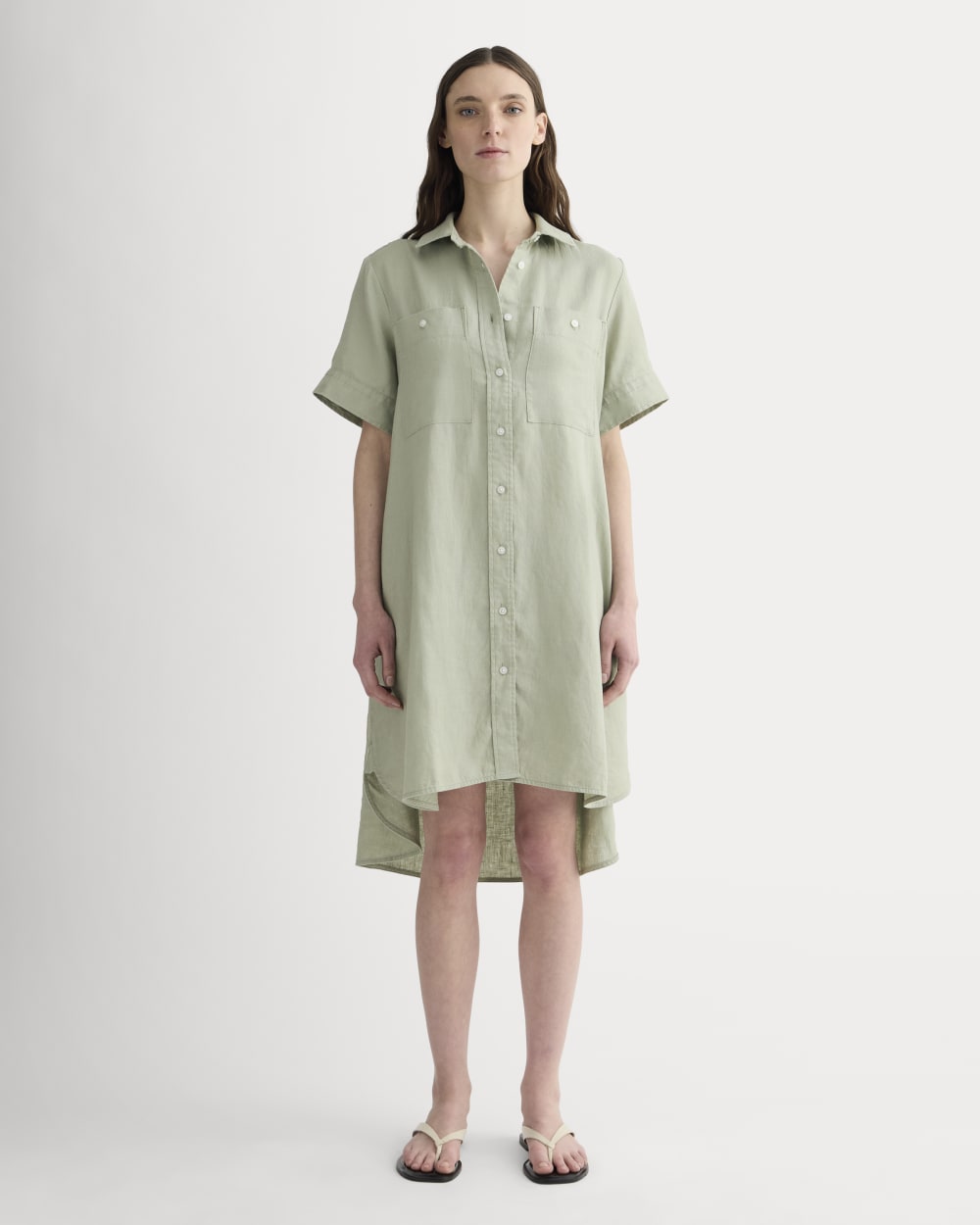 The Daytripper Dress in Linen in Seagrass — front view