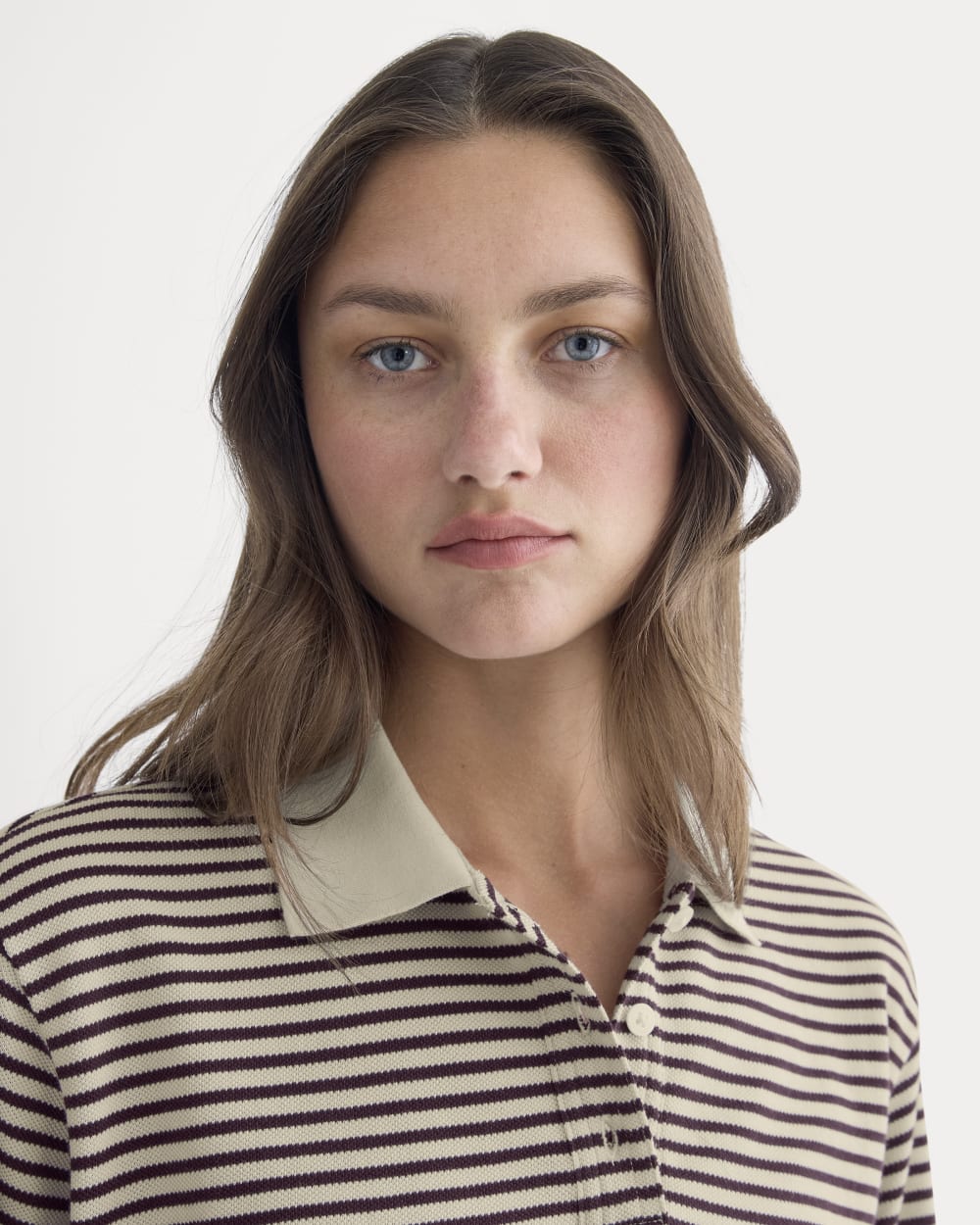 Oversized Pique Polo in Dusty Beige/Deep Plum Stripe — detail view