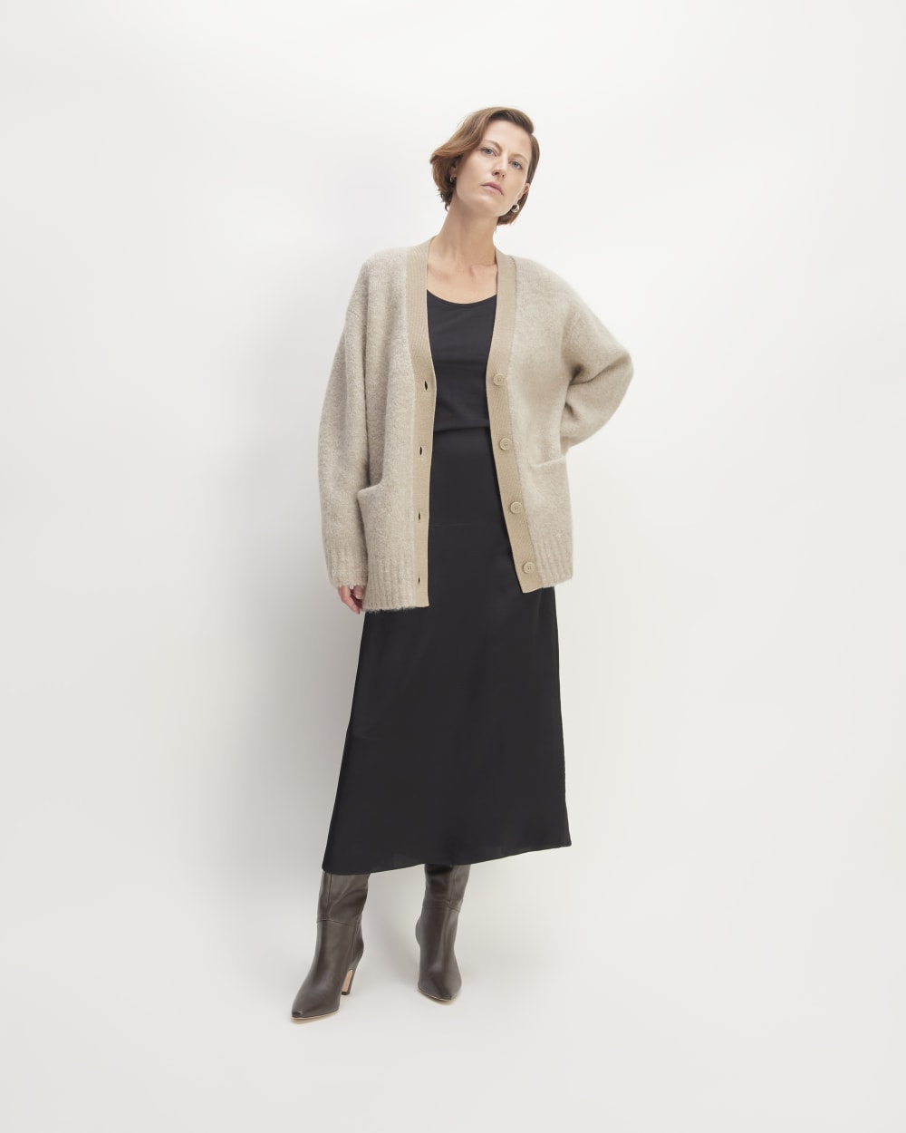 The SuperFuzz Alpaca Cardigan in Light Oat — detail view