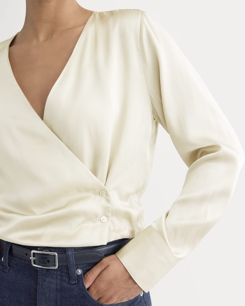 Wrap Top in Silk Charmeuse in Peyote — detail view
