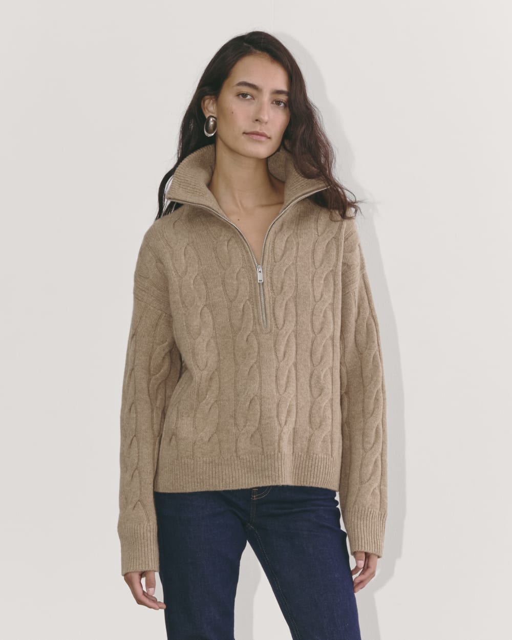 The Cable Half-Zip in Luxe Merino in Oat Melange — front view