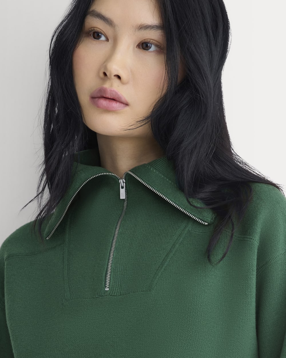 Double Knit Half-Zip in Cotton Merino in Hunter Green — detail view