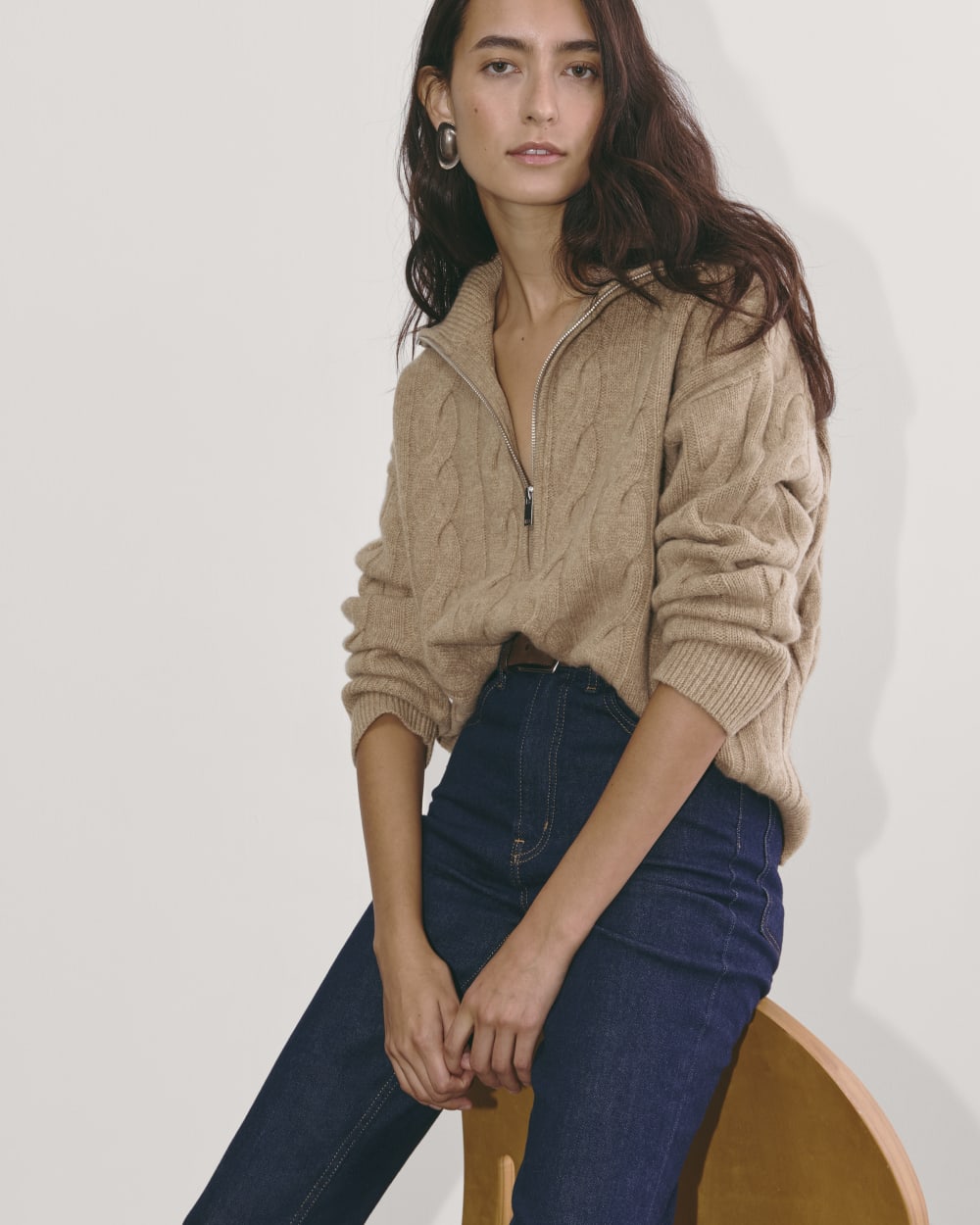 The Cable Half-Zip in Luxe Merino in Oat Melange — detail view