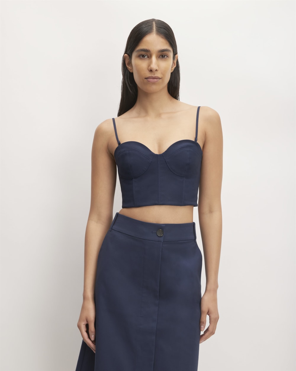 The Structured Cotton Bustier in Navy — front view