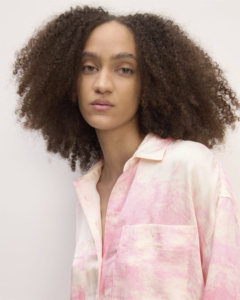 The Everlane x Marques' Almeida Satin Tie-Dye Shirt in Pink Tie-Dye — detail view