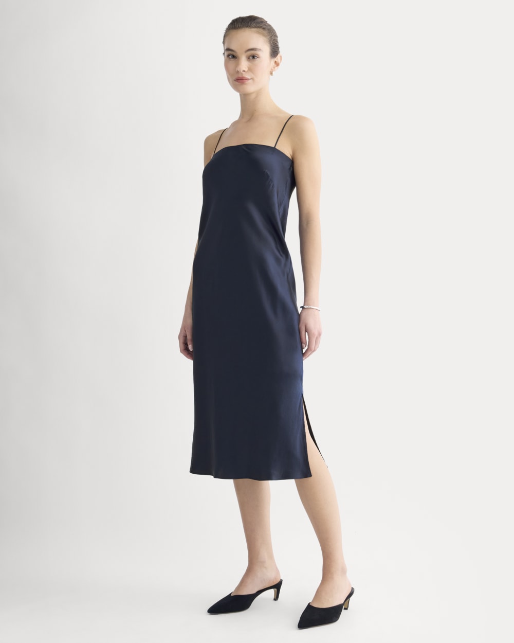 Slip Dress in Silk Charmeuse in Navy — front view