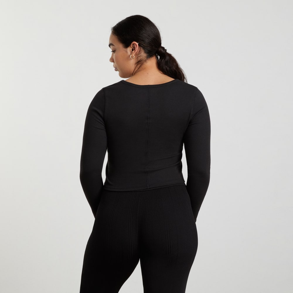 The Pima Micro-Rib Cropped Long-Sleeve Crew in Black — detail view