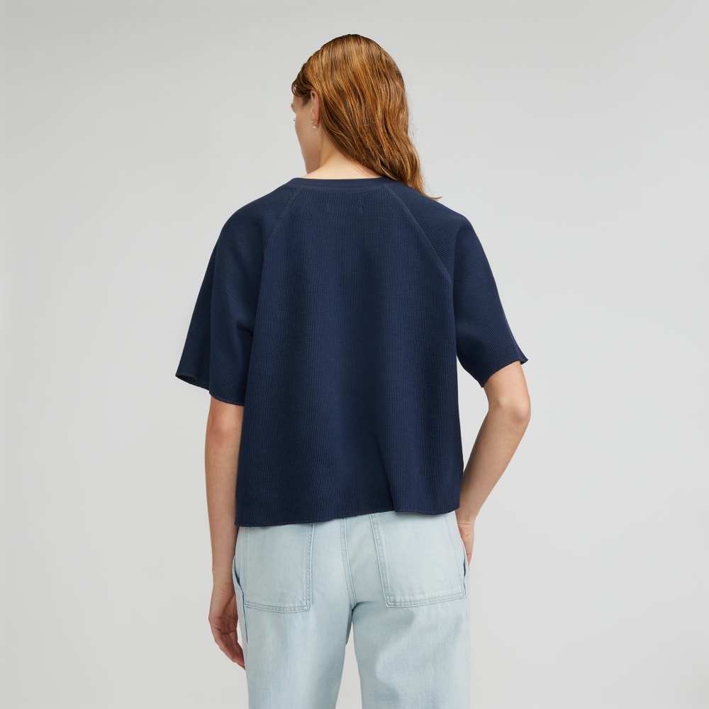 The Organic Cotton Waffle Raglan Tee in Navy — detail view