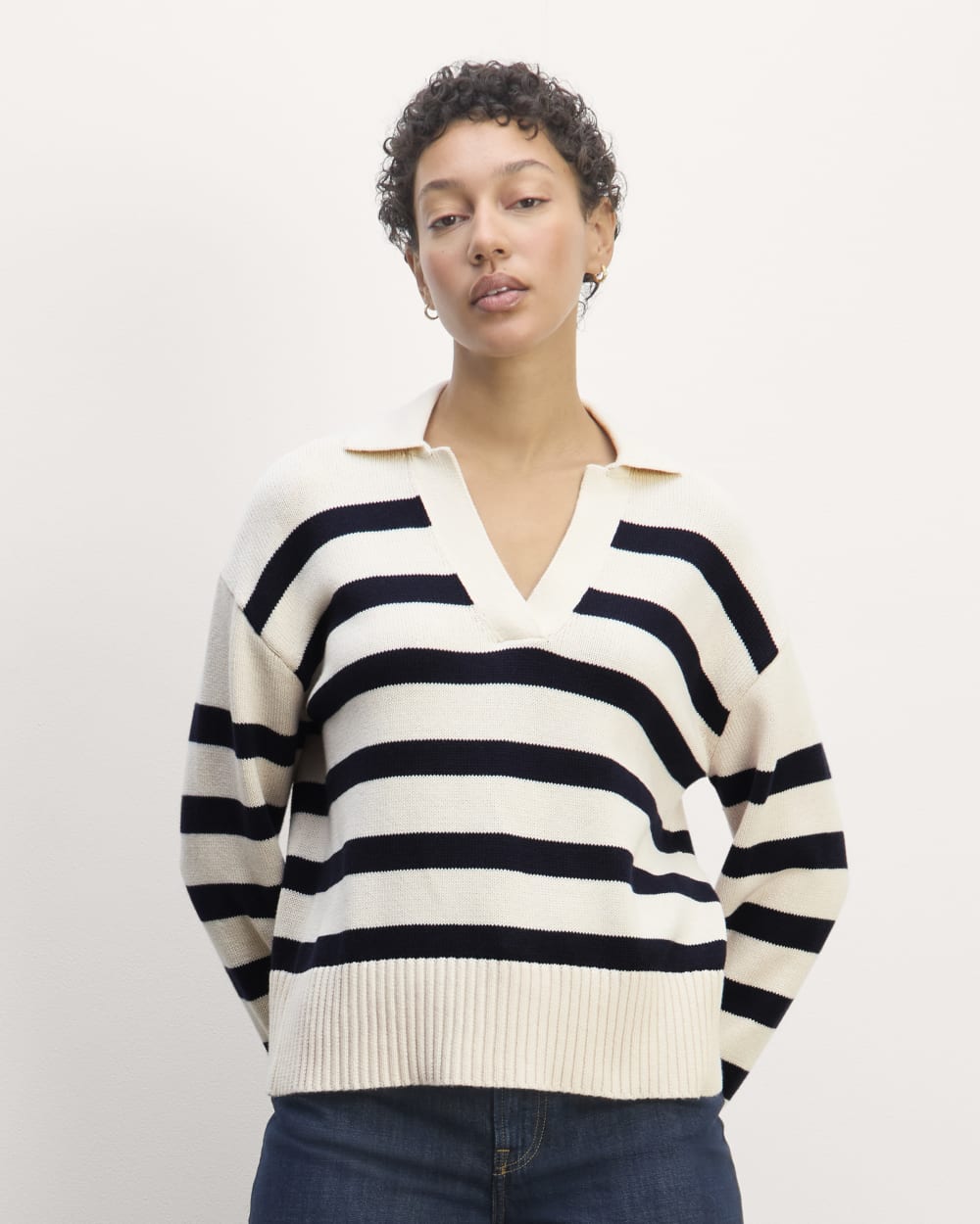 The Boxy Polo in Everyday Cotton in Canvas / Navy — front view