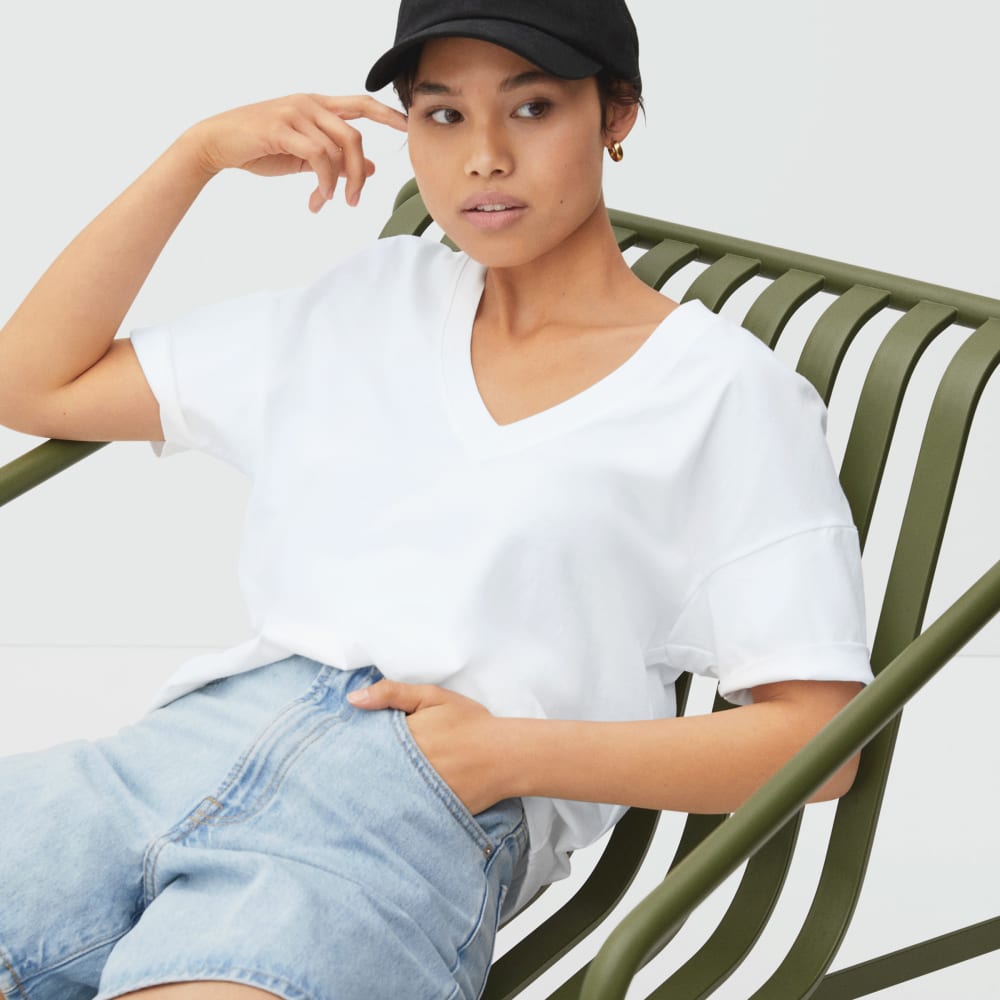 The Organic Cotton Slouchy V-Neck in White — detail view